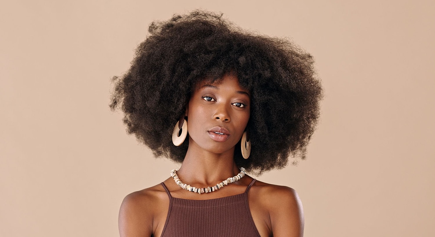 Woman with natural hair and elegant accessories.