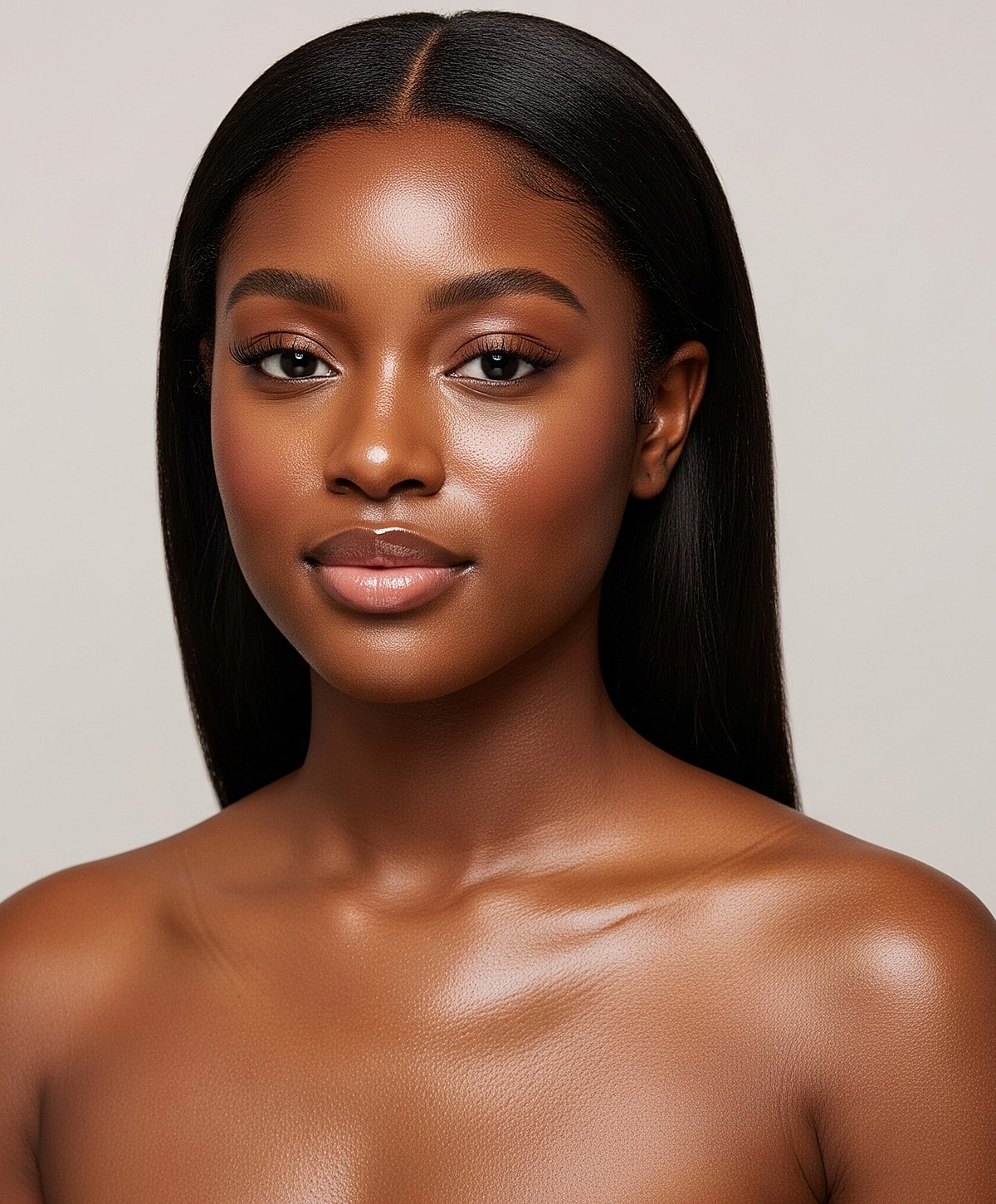 Woman with beautiful skin and red nail polish.