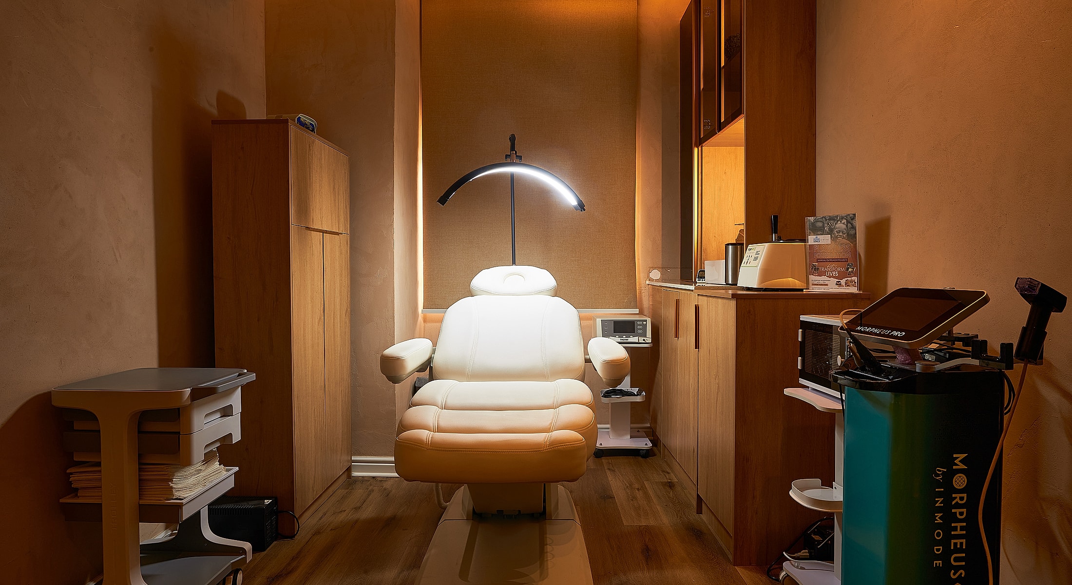 Stylish spa reception with warm lighting.