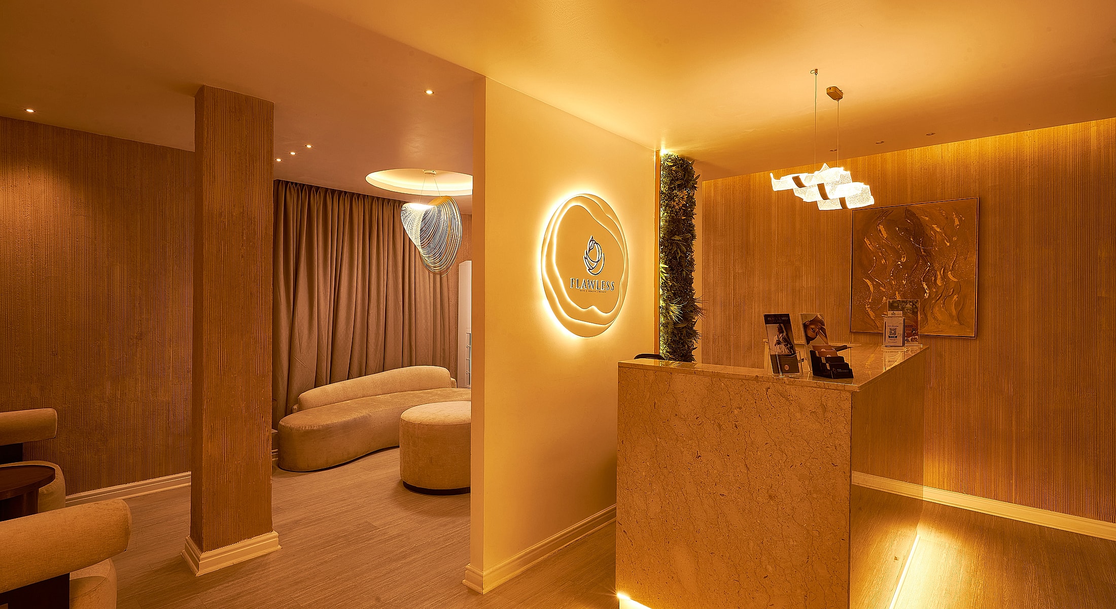 Elegant spa reception area with warm lighting.