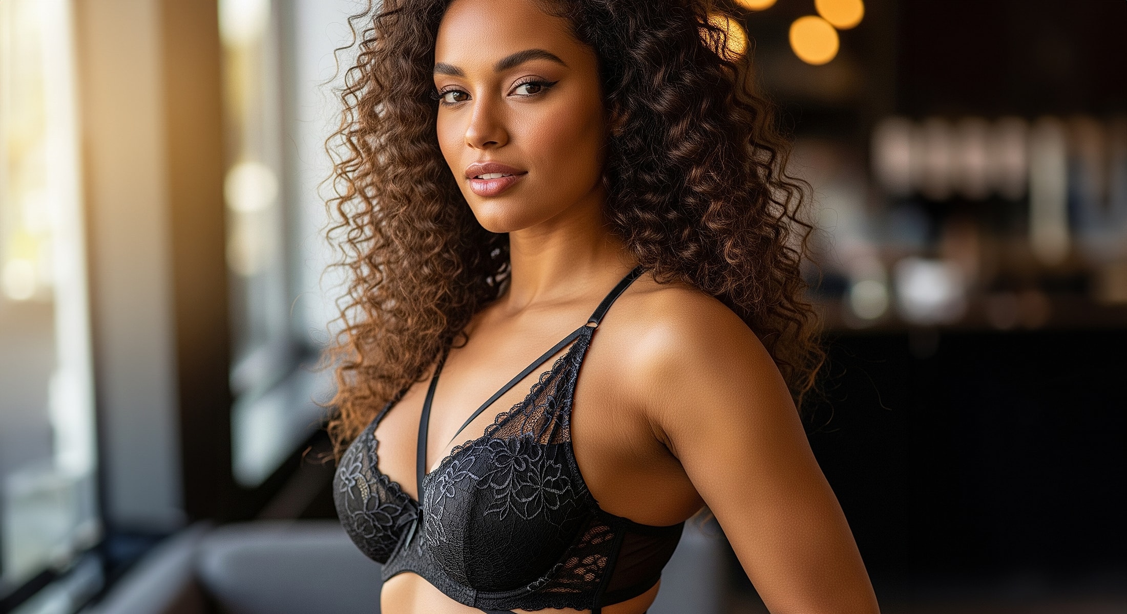 Model in elegant black lingerie portrait.