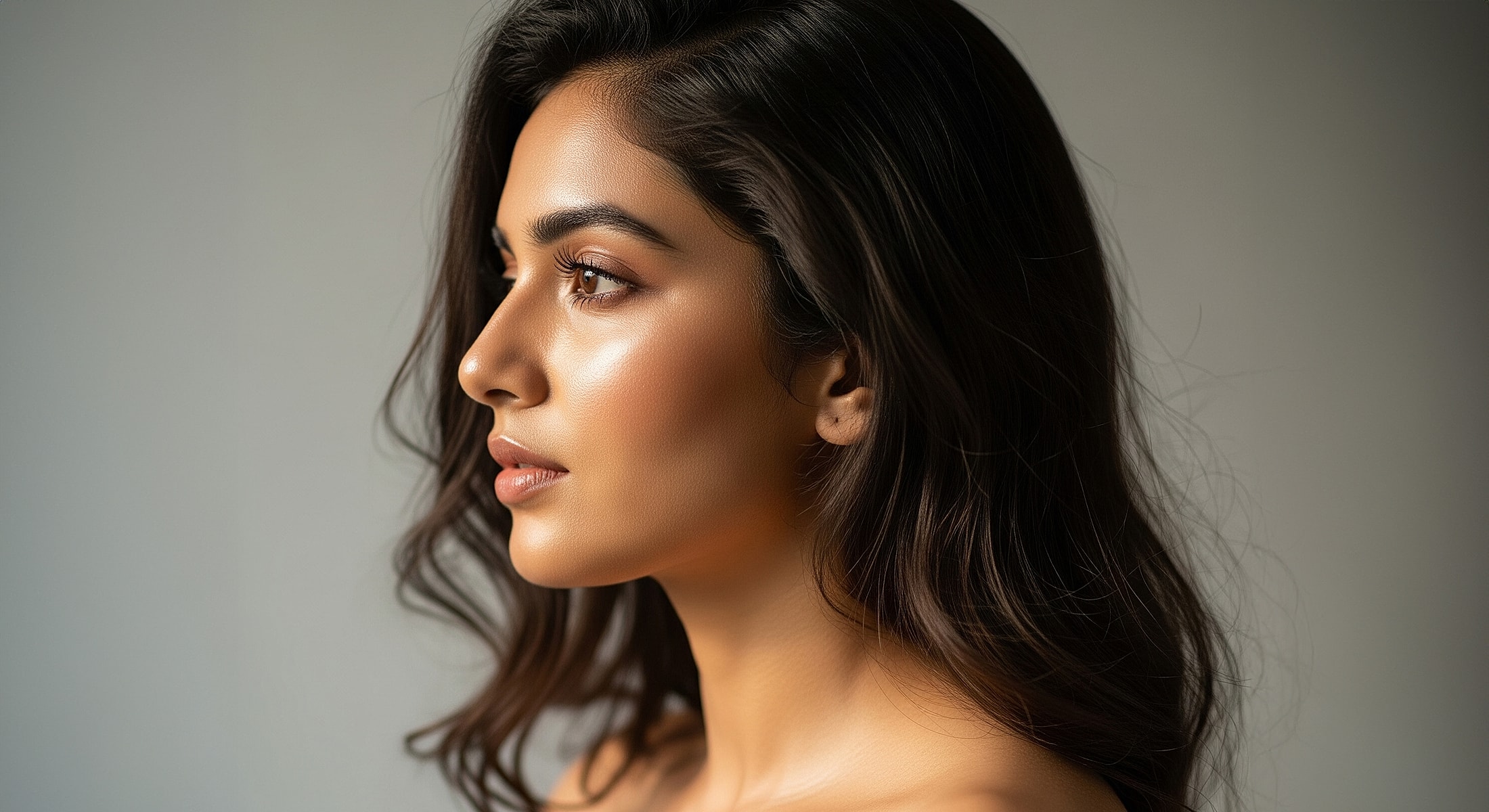 Profile of a young woman with long hair.